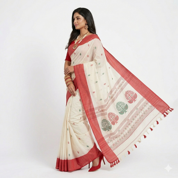 Offwhite Red Floral Cotton Saree