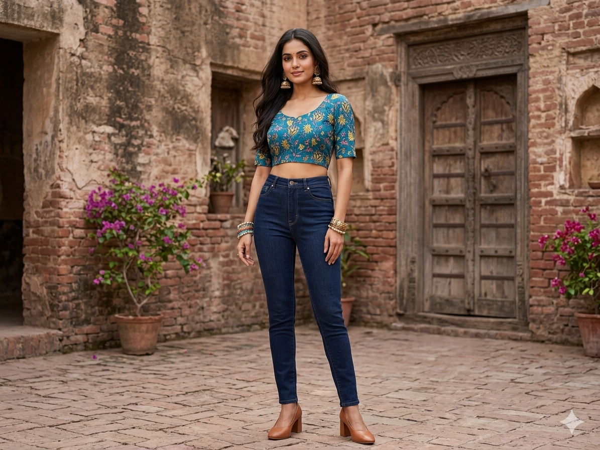 Teal Blue Handblock Cotton Blouse