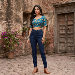 Teal Blue Handblock Cotton Blouse