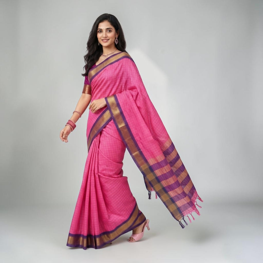 Pink Check Silk Saree