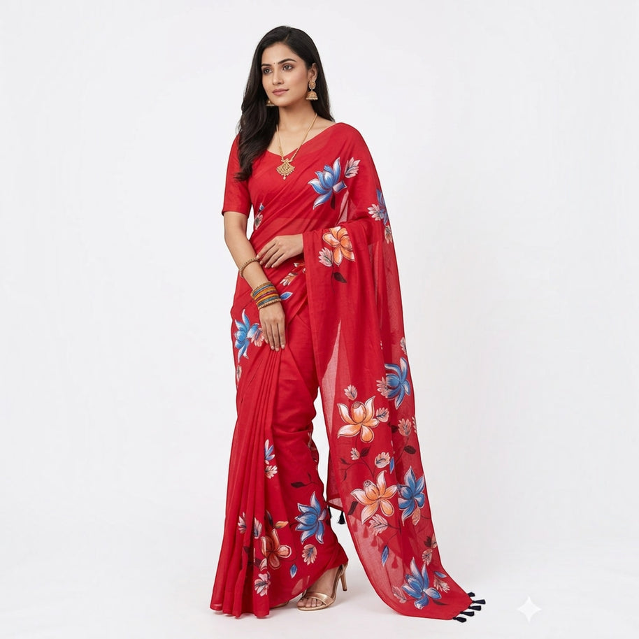 Red Handpainted Cotton Saree