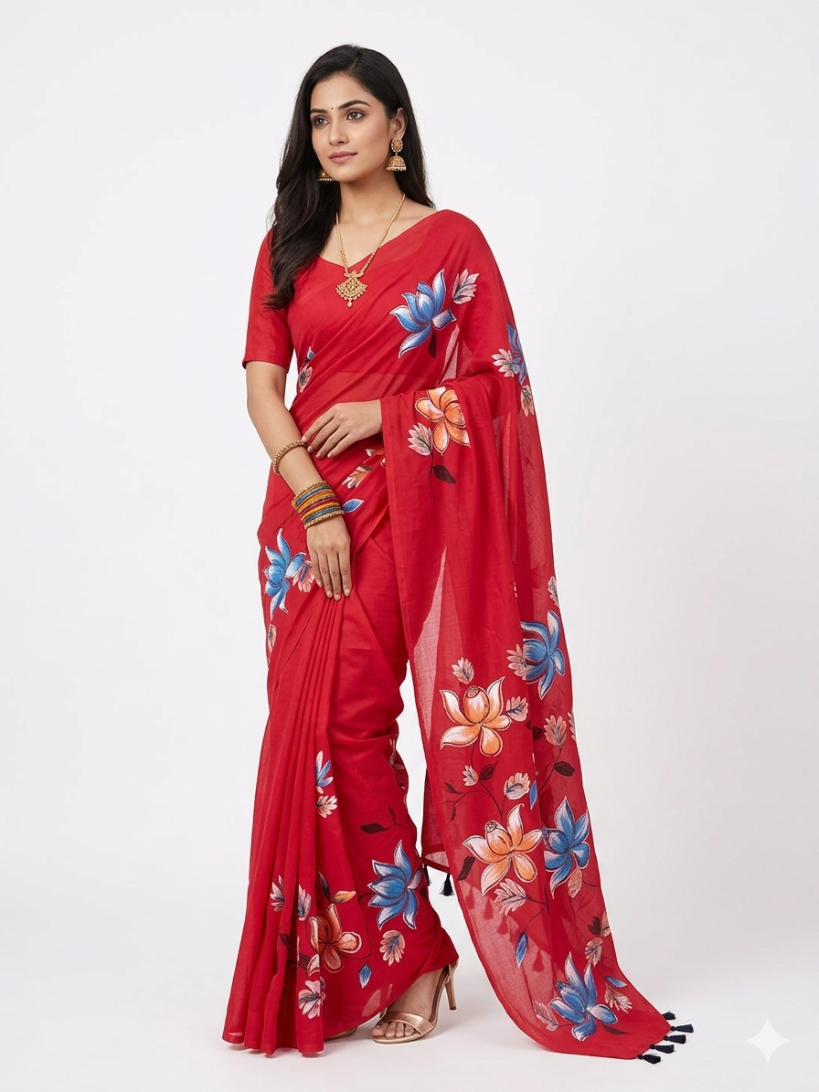 Red Handpainted Cotton Saree
