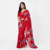 Red Handpainted Cotton Saree