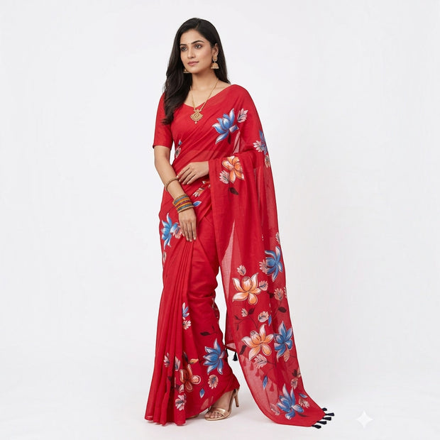 Red Handpainted Cotton Saree