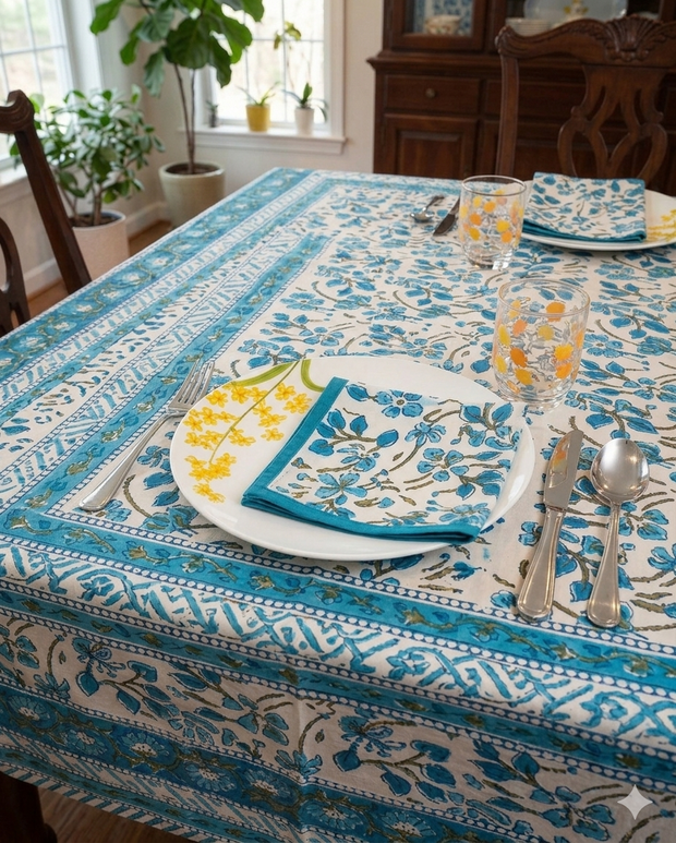 Handblock Print Cotton 6 Seater Rectangular Table Cover