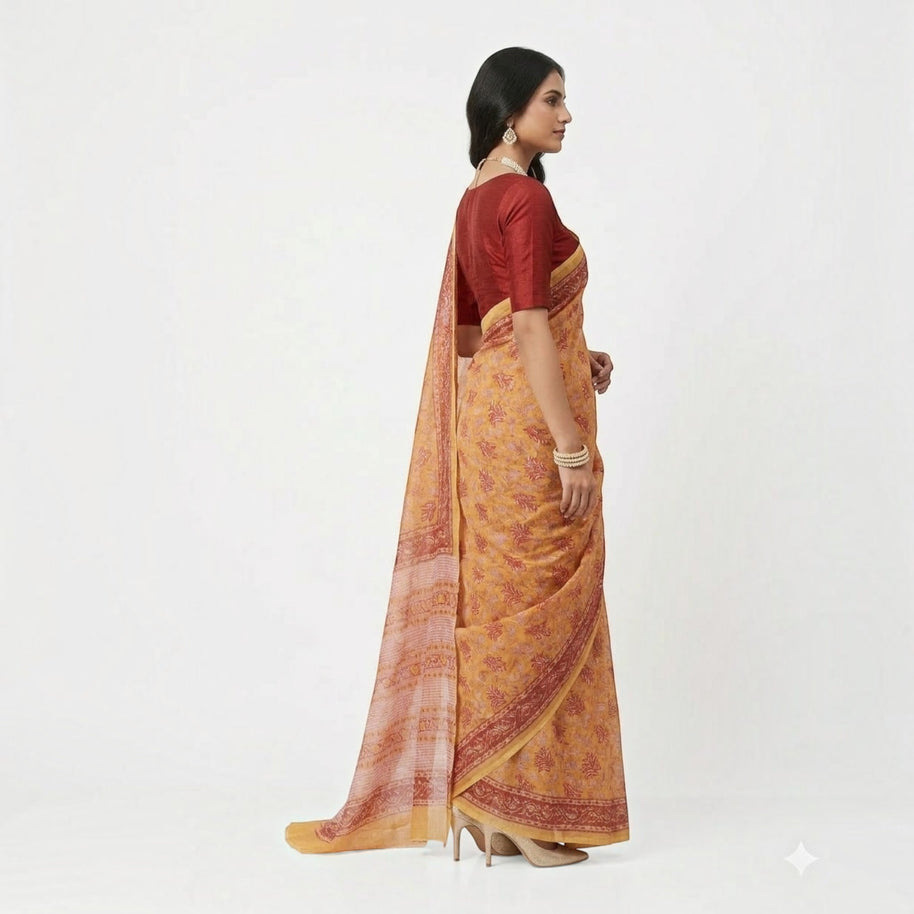 Yellow Red Handblock Kota Cotton Saree