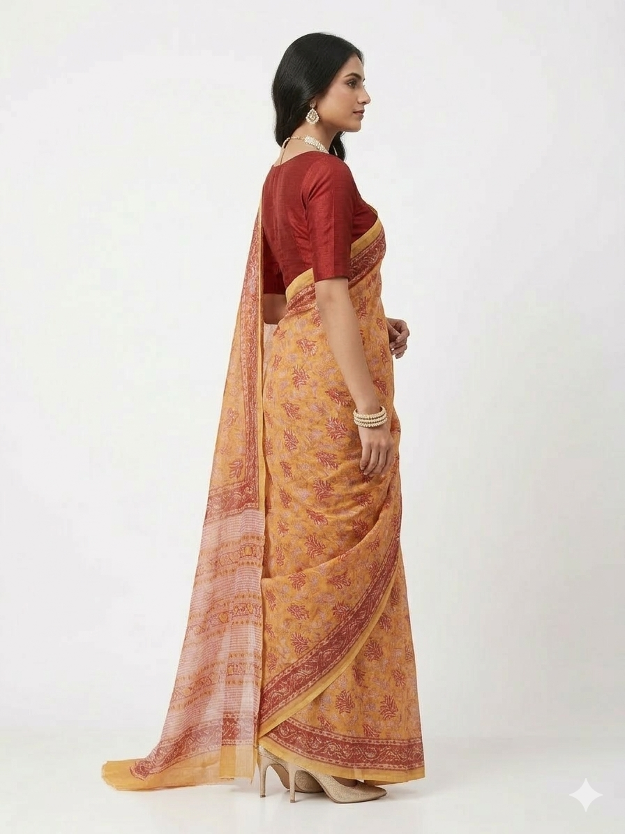 Yellow Red Handblock Kota Cotton Saree