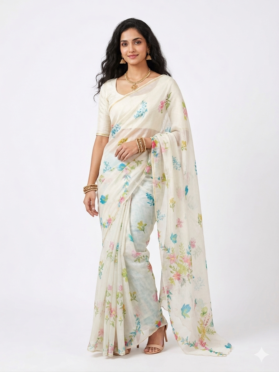 White Multi Floral Kota Cotton Saree