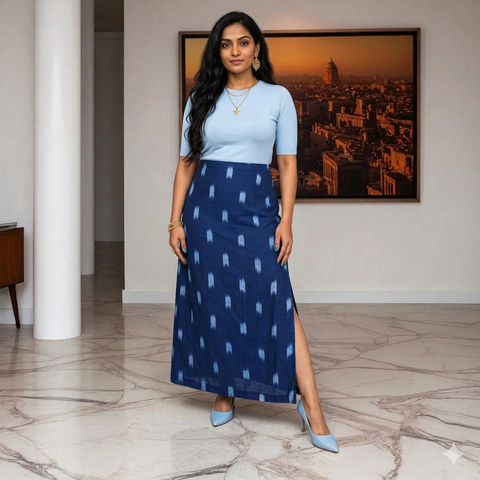 Blue White Handwoven Ikat Cotton Long Skirt