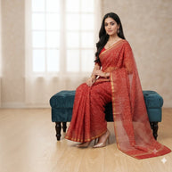 Red Tribal Handblock Kota Cotton Saree