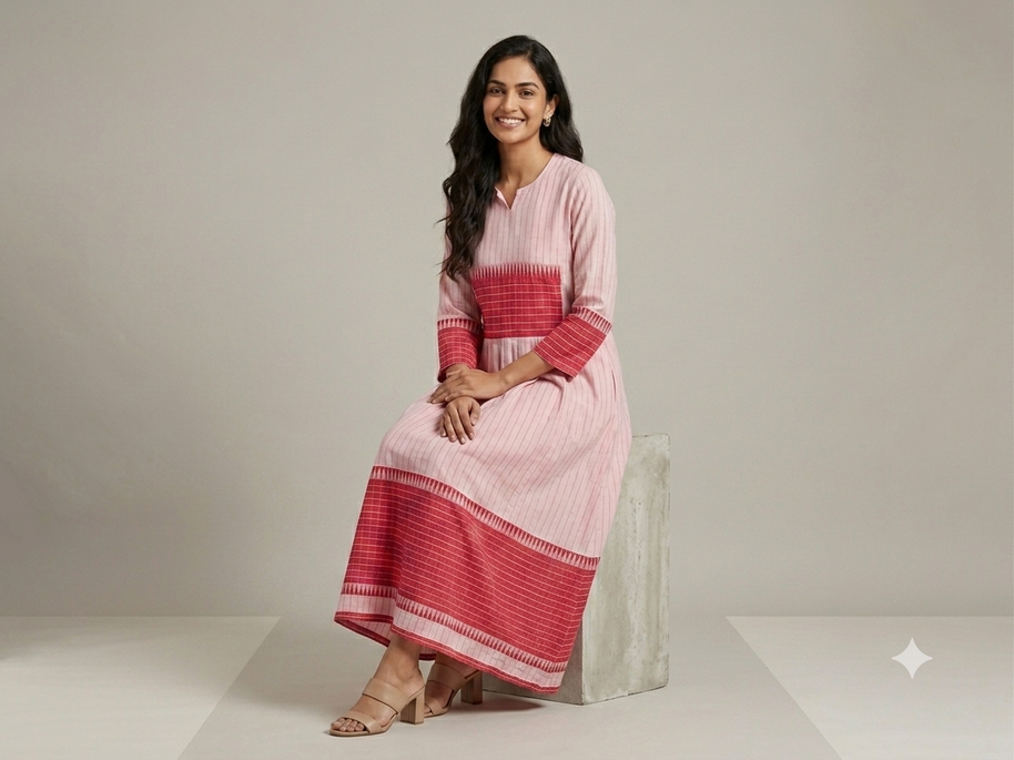 Light Pink Handloom Jamdani Cotton Dress