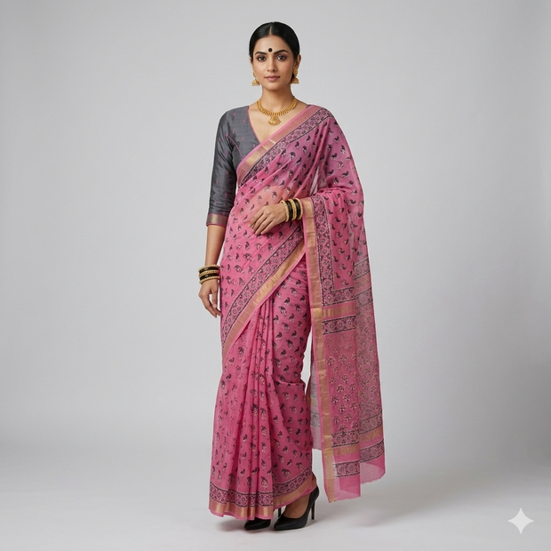 Pink Handblock Print Maheswari Silk Saree