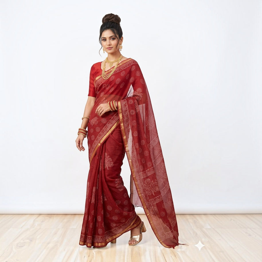 Dark Maroon Handblock Kota Cotton Saree