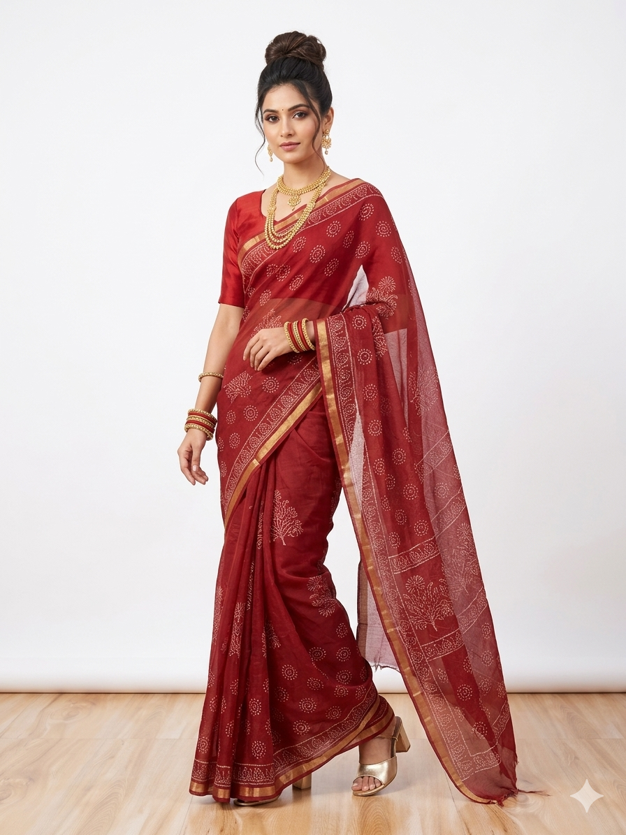 Dark Maroon Handblock Kota Cotton Saree
