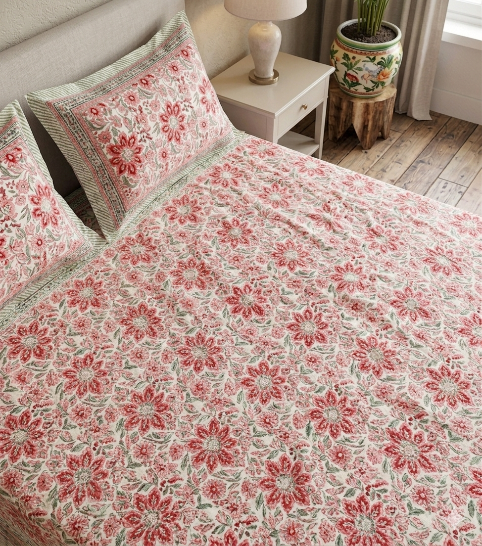 White Multi Handblock Print Double Bedsheet