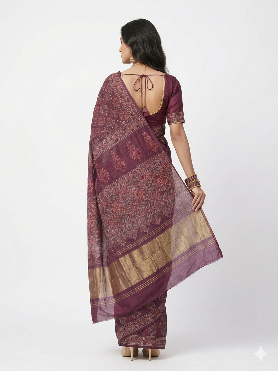 Maroon Ajrakh Modal Silk Saree