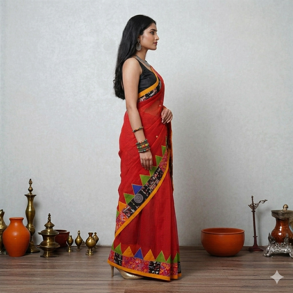 Red Applique Kota Cotton Saree