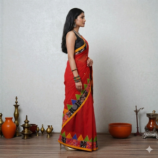 Red Applique Kota Cotton Saree