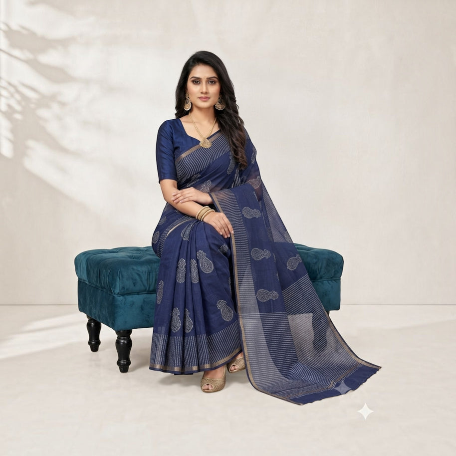 Blue Stripe Handblock Kota Cotton Saree