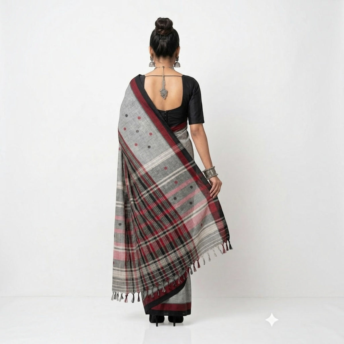 Grey Black Stripe Handwoven Cotton Saree