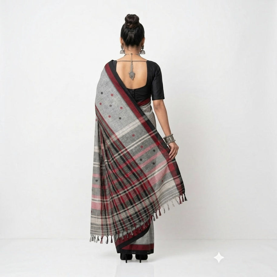 Grey Black Stripe Handwoven Cotton Saree
