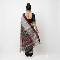 Grey Black Stripe Handwoven Cotton Saree