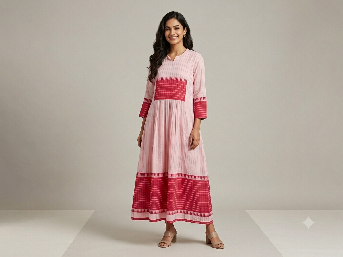 Light Pink Handloom Jamdani Cotton Dress