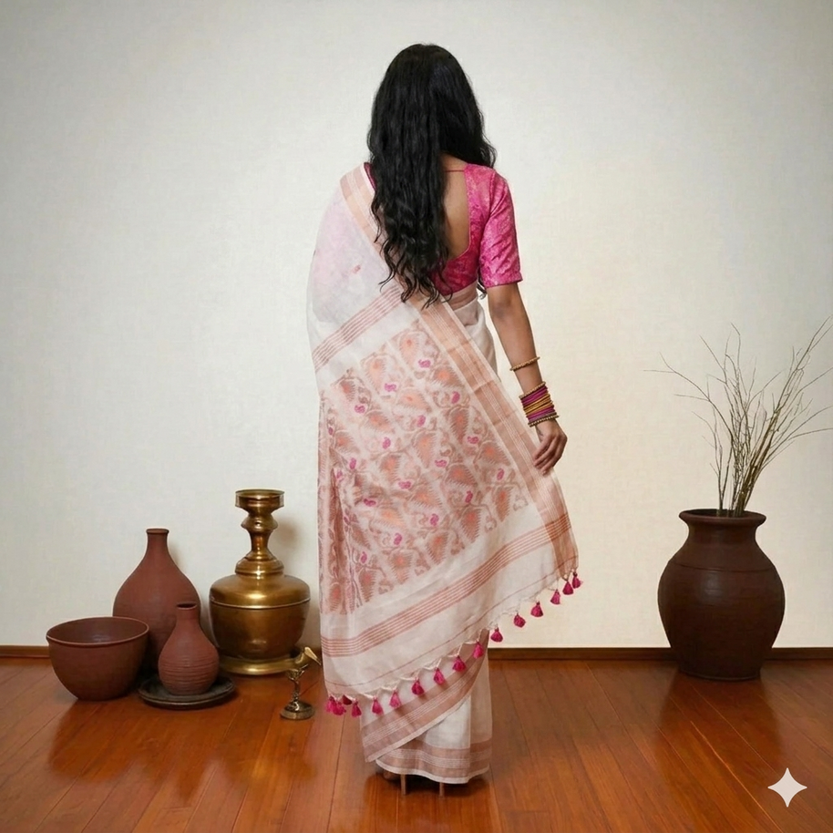 White Pink Zig Zag Cotton Saree