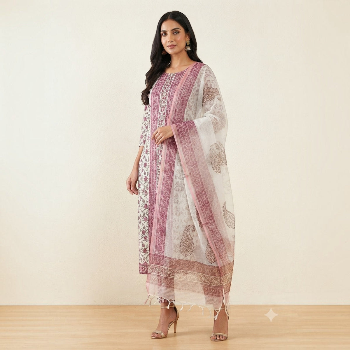 White Dark Pink Floral Cotton Salwar Suit