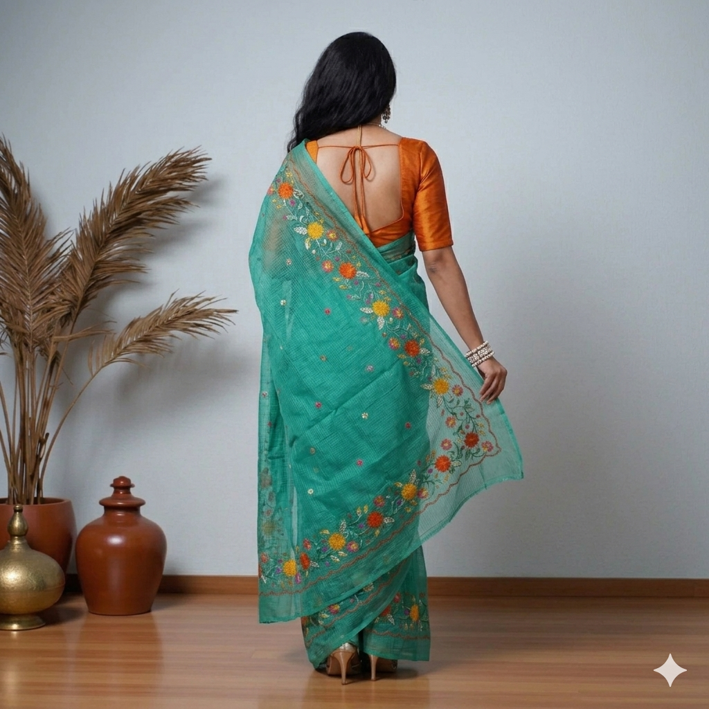 Green Pink Embroidery Kota Cotton Saree