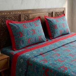 Green Multi Handblock Print Double Bedsheet