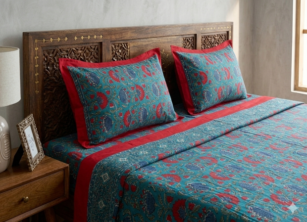 Green Multi Handblock Print Double Bedsheet