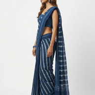 Indigo Stripe Handblock Print Cotton Saree
