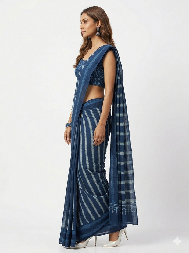 Indigo Stripe Handblock Print Cotton Saree
