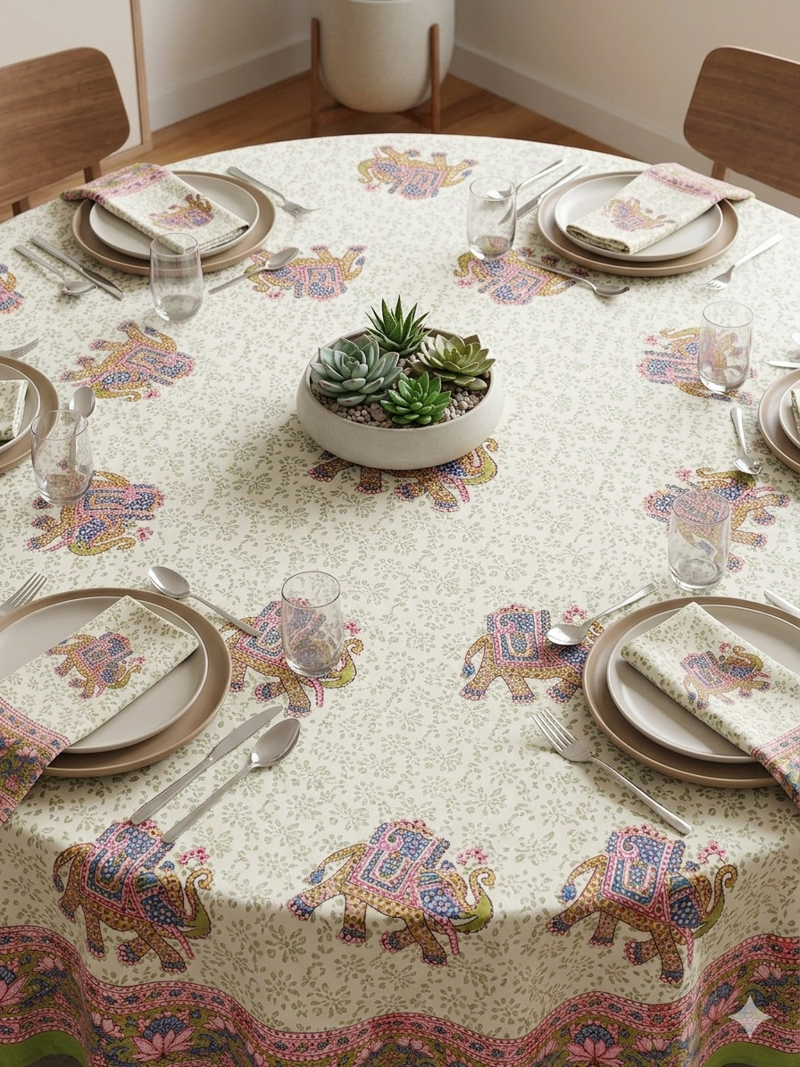 Handblock Print Cotton 8 Seater Round Table Cover