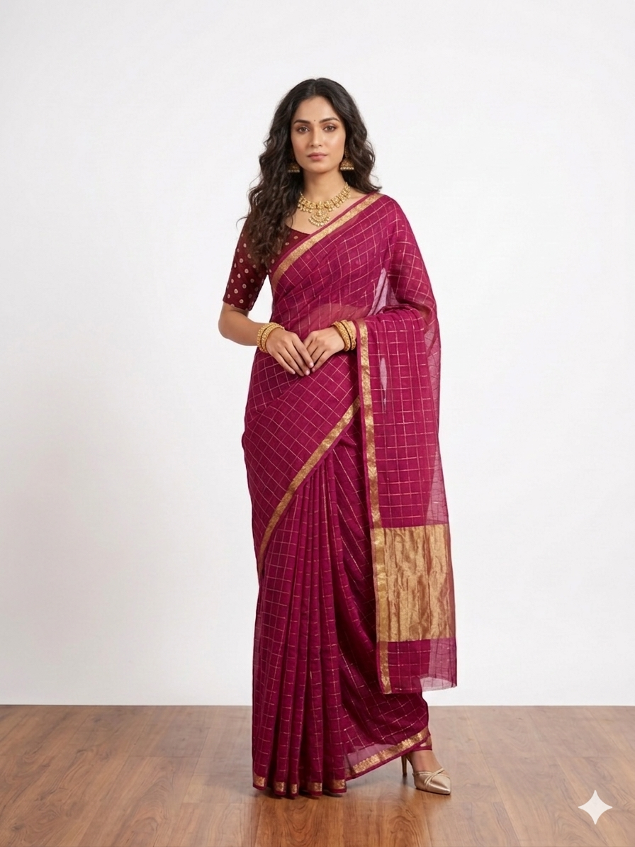 Purple Check Georgette Saree