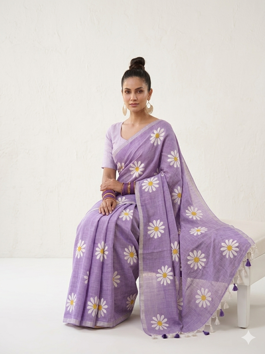 Lavender Bloom Handprinted Cotton Saree