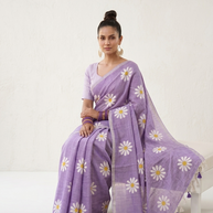 Lavender Bloom Handprinted Cotton Saree