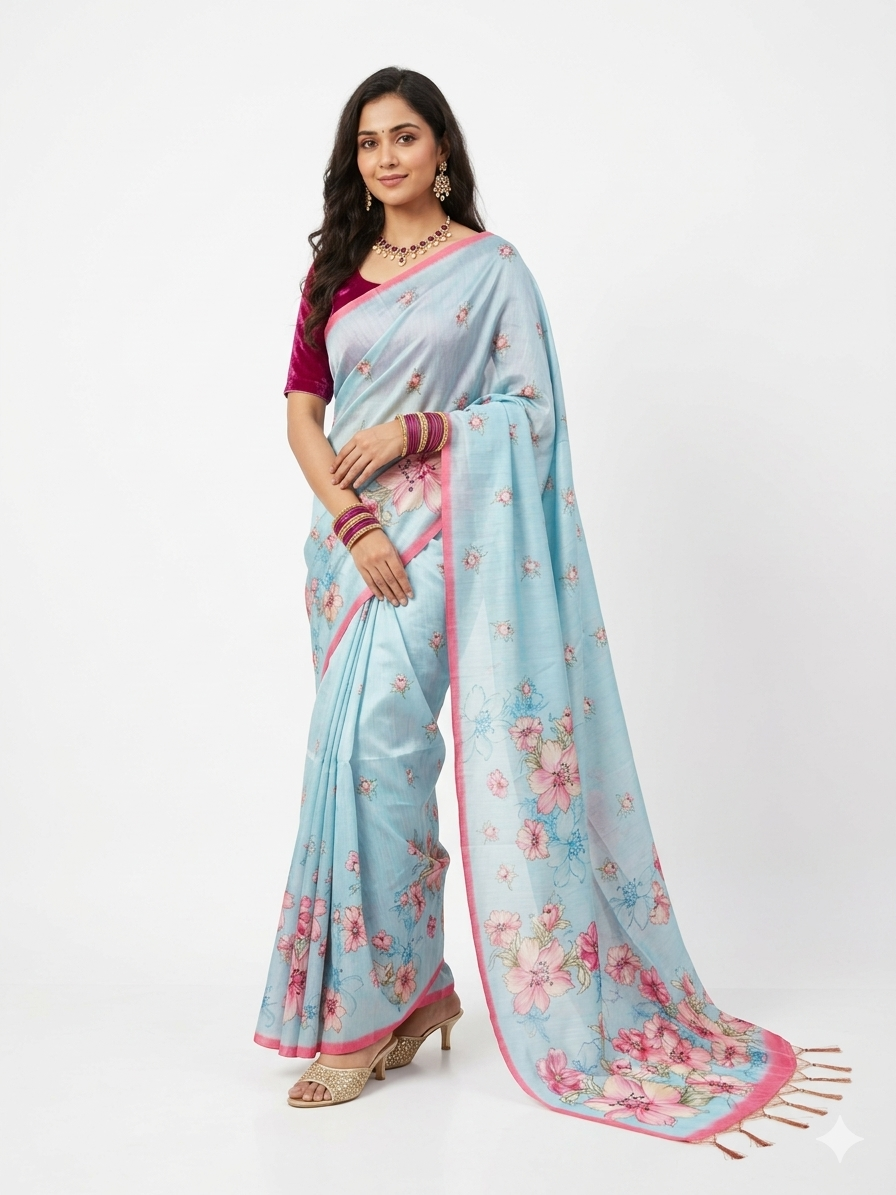 Blue Tussar Floral Silk Saree