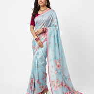 Blue Tussar Floral Silk Saree