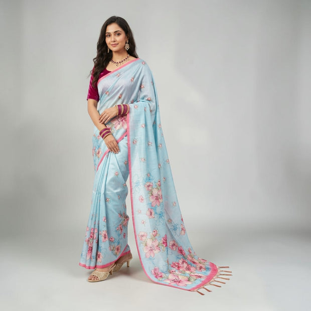 Blue Tussar Floral Silk Saree