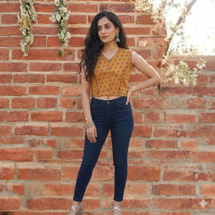Orange Handblock Cotton Blouse