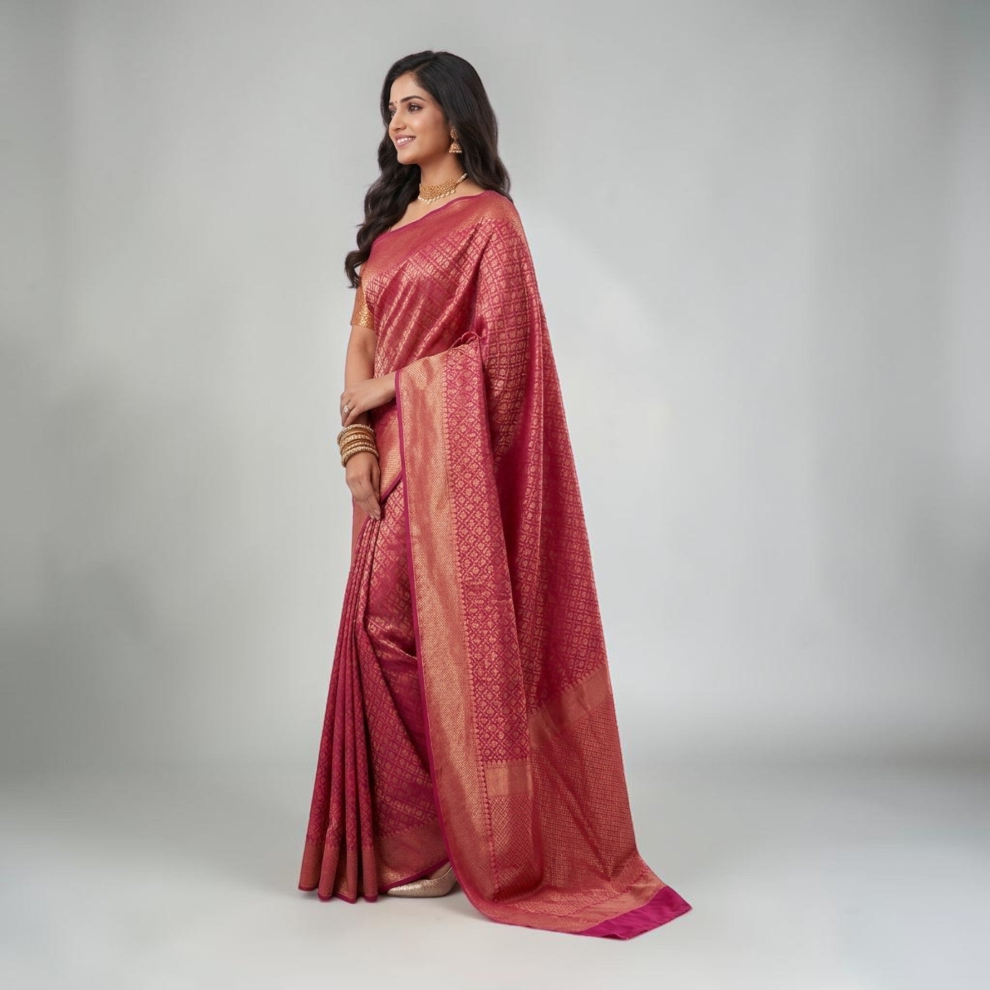 Rani Pink Golden Zari Work Silk Saree