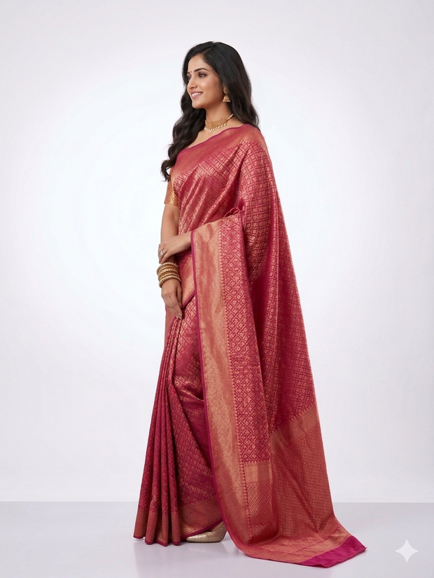 Rani Pink Golden Zari Work Silk Saree