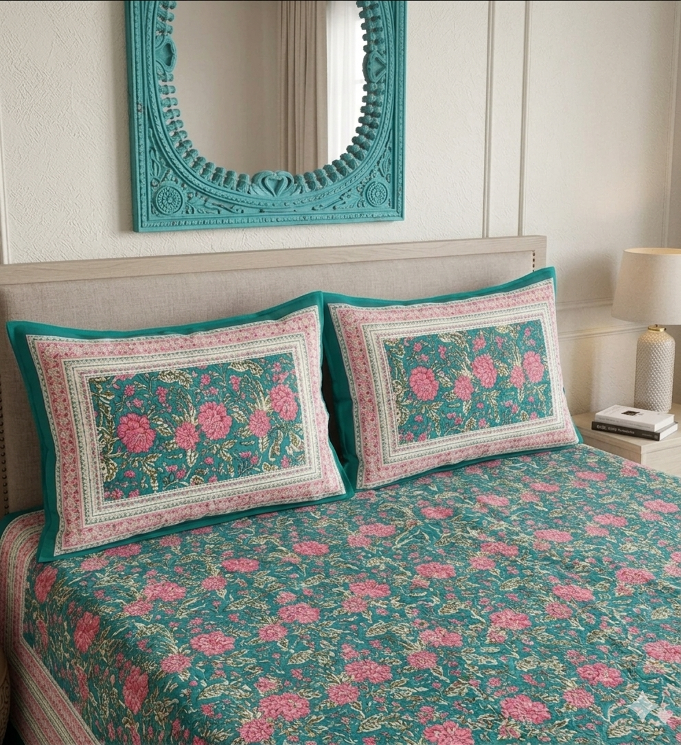 Green Pink Handblock Print Double Bedsheet