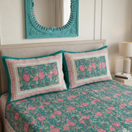 Green Pink Handblock Print Double Bedsheet