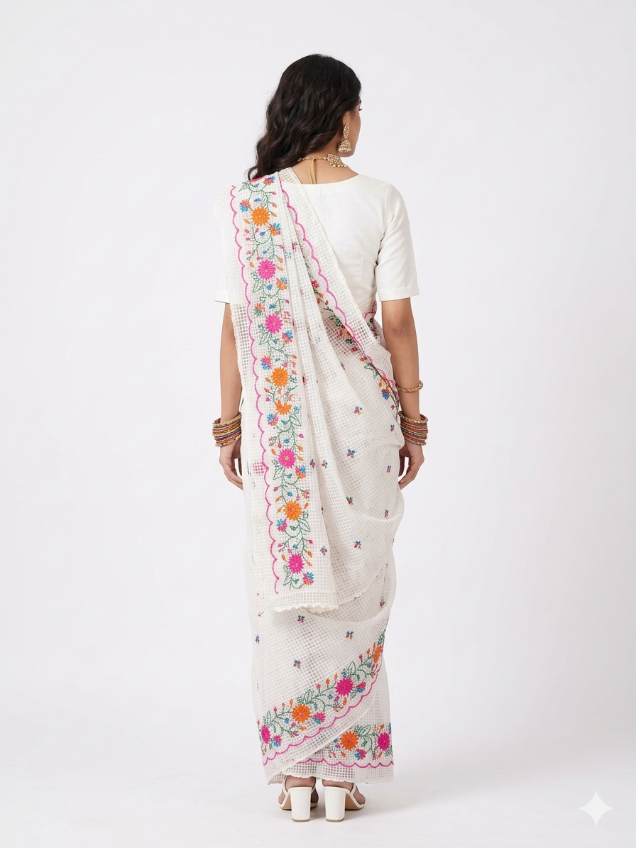 White Embroidery Kota Cotton Saree