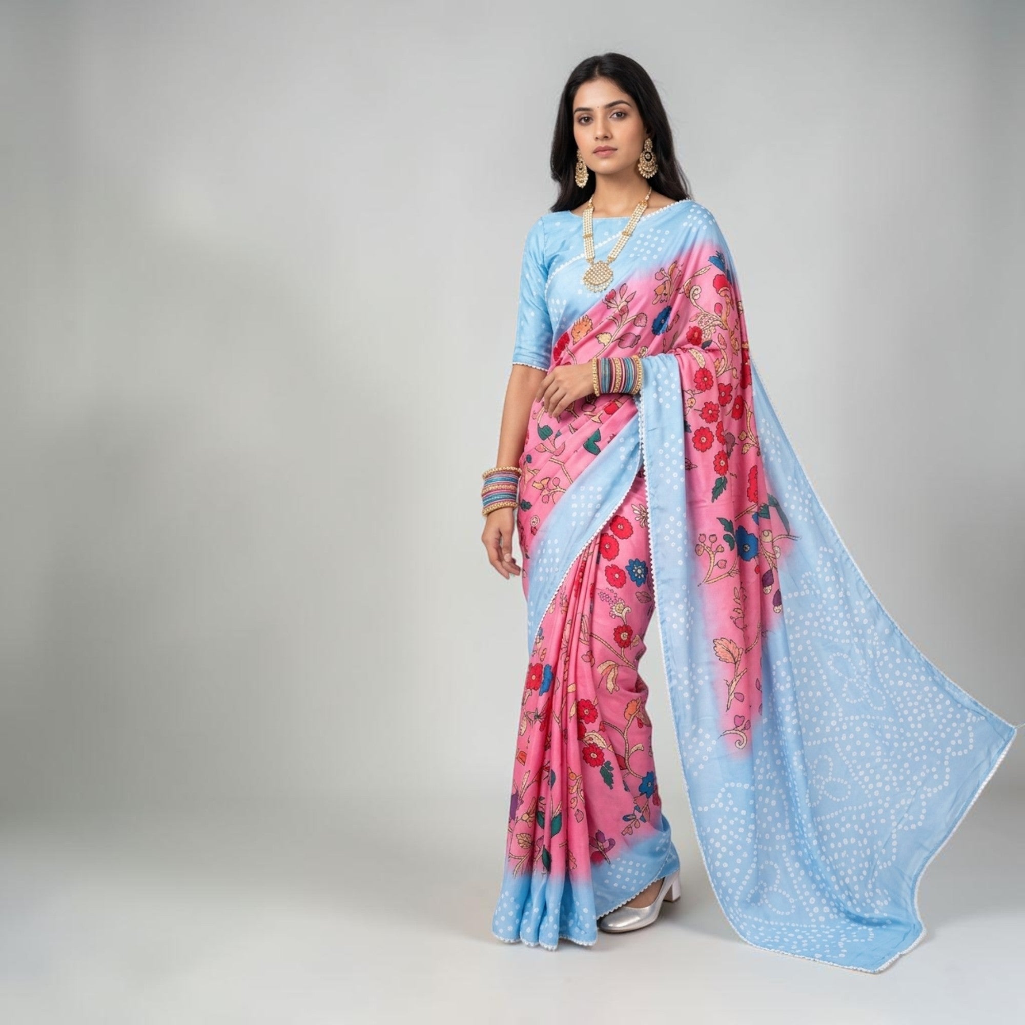 Pink Kalmakari Bandhani Makhmali Silk Saree