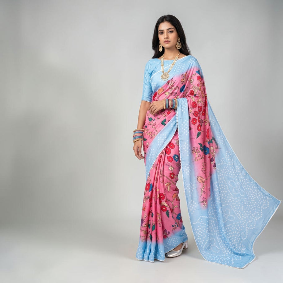 Pink Kalmakari Bandhani Makhmali Silk Saree