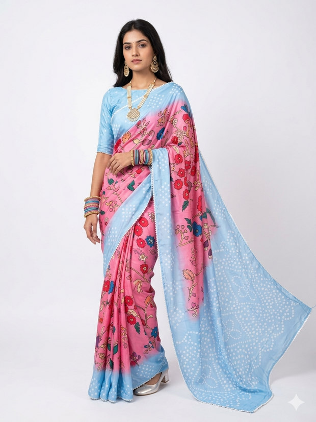 Pink Kalmakari Bandhani Makhmali Silk Saree